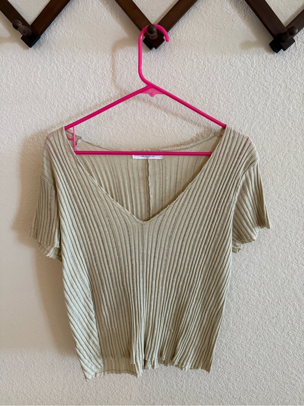 Project Social T Ribbed V-Neck Short Sleeve Top in Light Olive